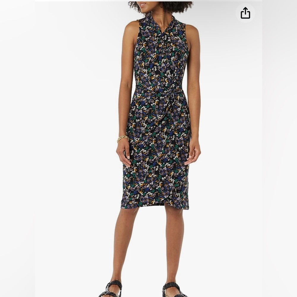NEW Amazon Essentials floral faux wrap dress stretch jersey sleeveless crossover